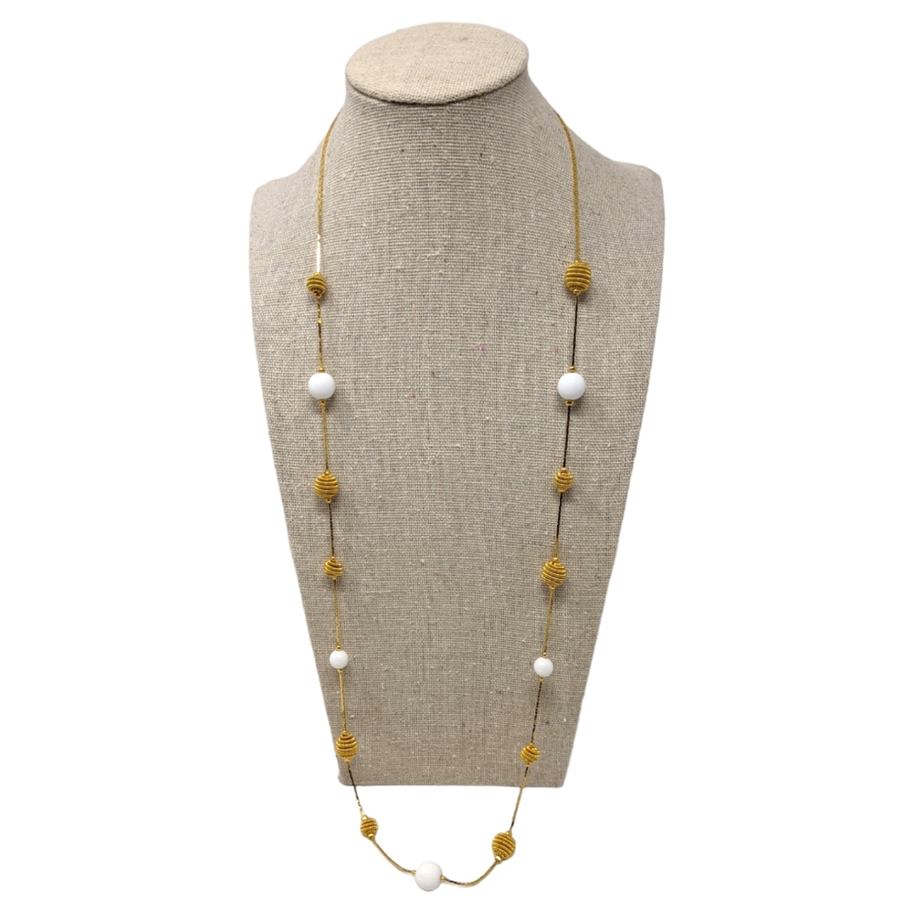 Trifari Gold Tone Coiled Beehive Ball and White Bead Necklace